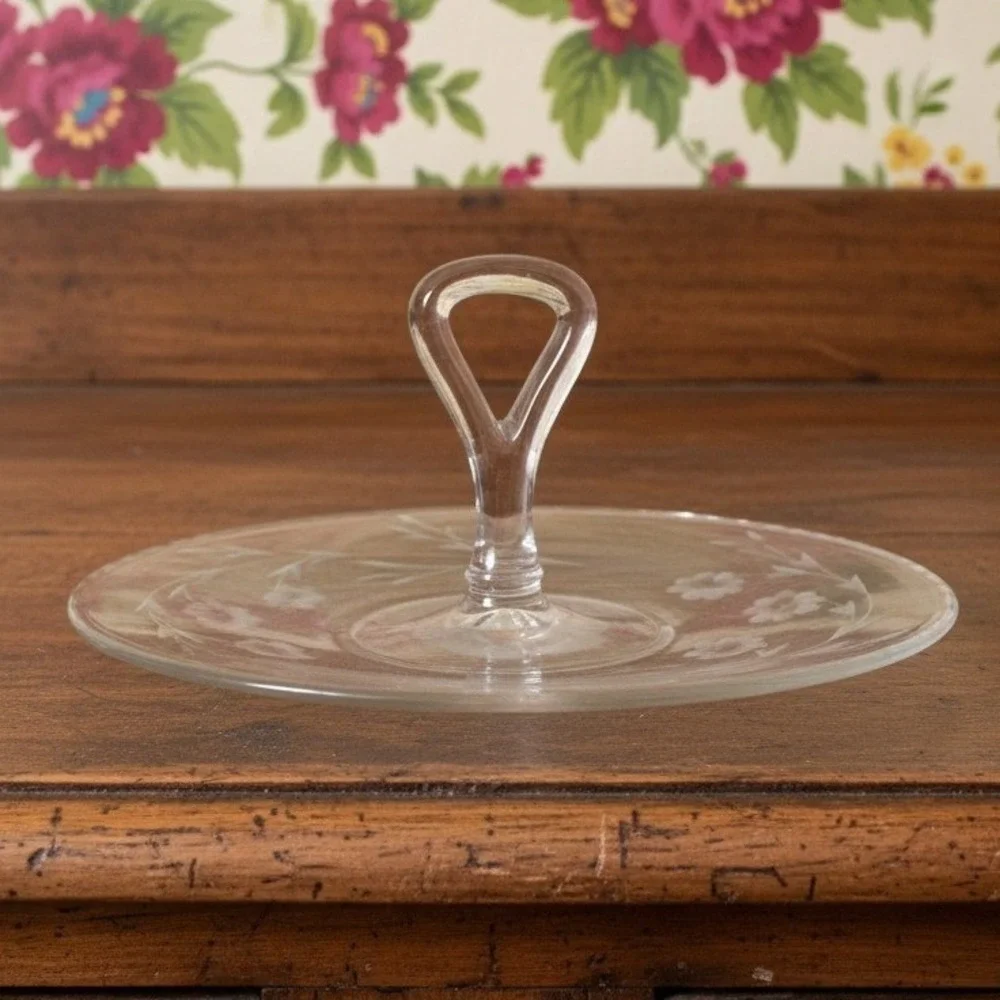 Etched Floral Tidbit Tray, Vintage Center Handle Sandwich Plate, Clear Glassware